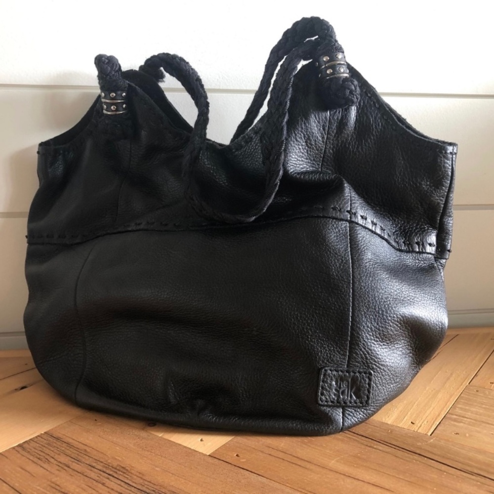 The Sak Black Pebbled Buttery Soft Leather Hobo Bag Braided Straps Whip Stitch